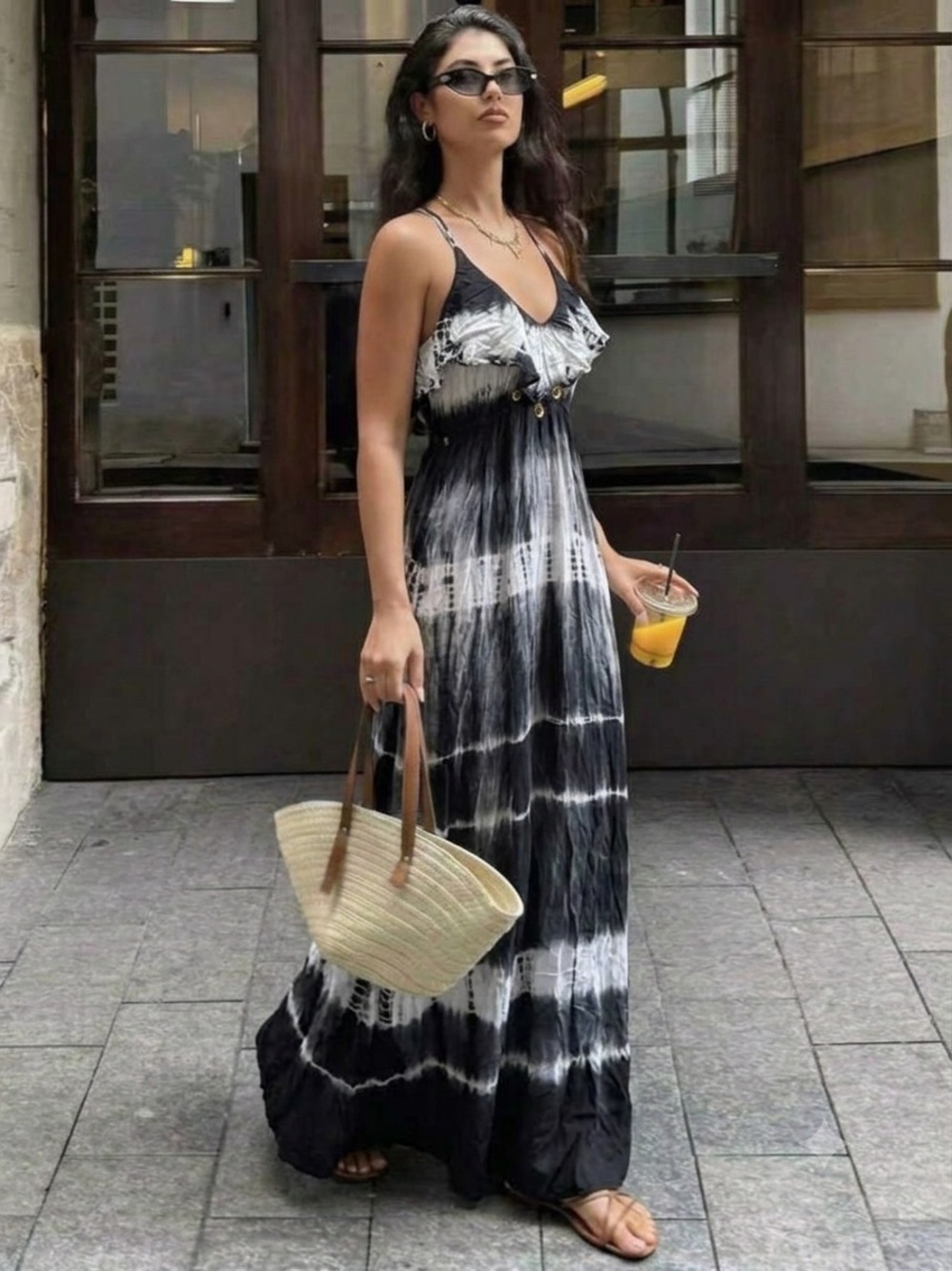 American Eagle Outfitters Black and White Tie-Dye Maxi Dress